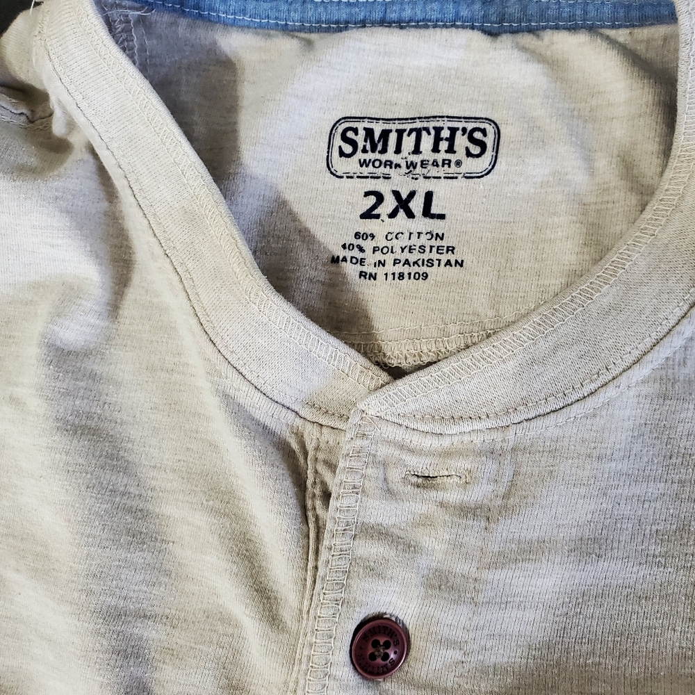 Smith's Workwear Henley Shirt Mens 2XL Cream Short Sleeve Pocket Workwear Tee